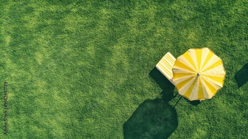 aerial perspective vibrant yellow beach umbrella striped lounger verdant manicured lawn bright summer sunshine casting soft shadows overhead drone view geometric patterns lush green grass texture