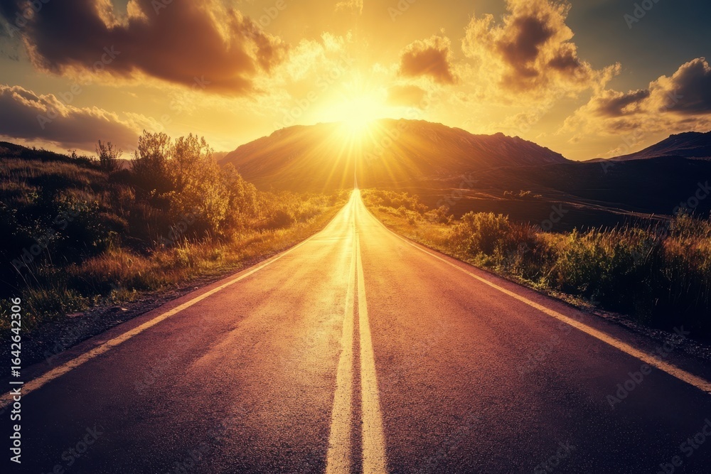 Naklejka premium A Radiant Path: Golden Sunset Illuminating a Long Road Towards Distant Mountains and Hope