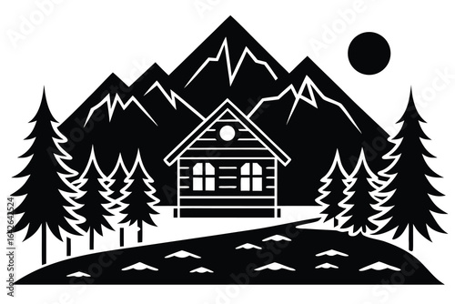 Photo of a cozy cabin nestled in the mountains, surrounded by a lush forest, with a serene landscape under the sun, isolated on white background