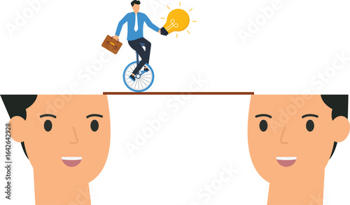 Conceptual illustration of business idea, innovation and teamwork with a businessman on a unicycle holding a lightbulb, lightbulb concept, new idea, simple shapes, balanced composition, clear focus,