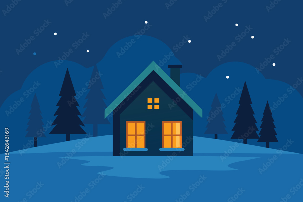 Fototapeta premium Photo of a cozy house in a snowy winter landscape at night, with stars in the sky and warm light glowing from the windows, creating a peaceful scene