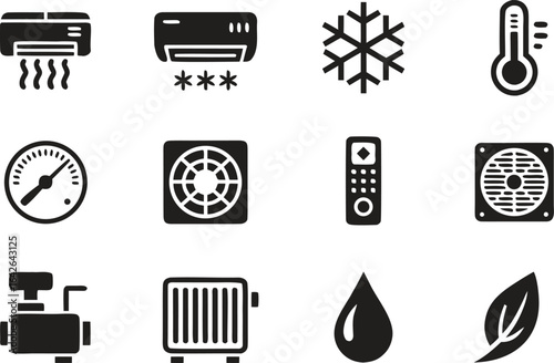 Air Conditioning and Climate Control Icons – Heating, Cooling, Temperature, and Ventilation Vector Set