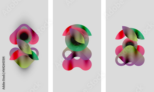 Abstract colorful shapes overlap, creating dynamic compositions. Three panels display similar designs, differing slightly in hue.