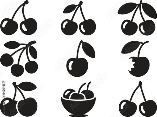 Cherry icons A collection of black and white cherry silhouettes with various styles