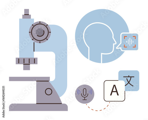 Microscope, human profile analyzing sound wave, voice input interface, and text translation elements. Ideal for AI, technology, research, communication, language study innovation voice recognition