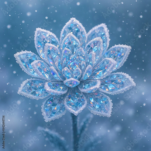 Hyper-detailed crystal flower blooming in soft winter snow, photorealistic fantasy botanical sculpture with luminous petals and gemstone texture, nature and mineral hybrid design