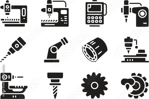 CNC Machine Icons Set – Silhouette of Drills, Cutters, and Robotic Tools Vector