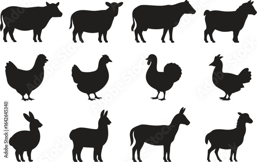 Farm Animal Silhouette Icons Set – Livestock and Poultry Vector Illustration on Transparent Background