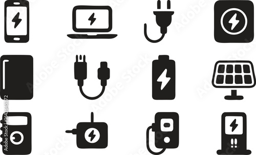 Electronic Charging Icons Set – Battery, Plug, and Energy Vector Illustration