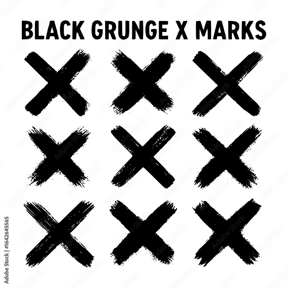 Set of Nine Isolated Black Grunge X Marks with Hand-Drawn Brush Strokes Set of Nine Isolated Black Grunge X Marks with Hand-Drawn Brush Strokes