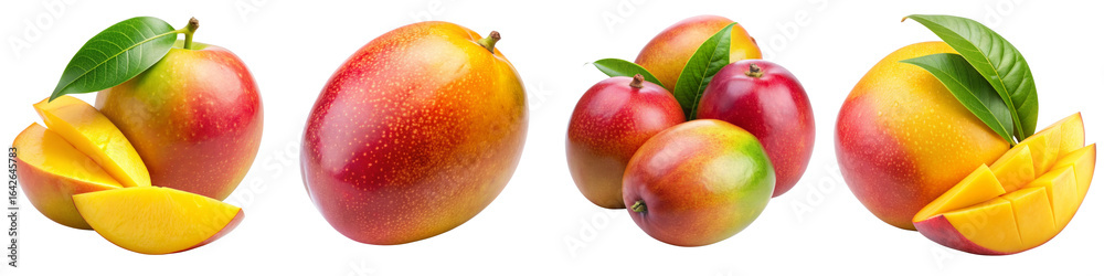 Four Mangoes Composition Whole and Sliced, Isolated on Transparent Background, Tropical Fruit, Food Photography, Mango, Fruit, Food Four Mangoes Composition Whole and Sliced, Isolated on Transparent Background, Tropical Fruit, Food Photography, Mango, Fruit, Food