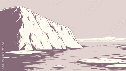 Iceberg landscape illustration arctic ocean scene polar climate change glacier melting antarctica environment view