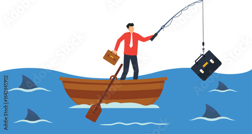 Businessman Fishing for Briefcase in Shark-Infested Waters: Business Risk Concept,financial danger, risk management, business metaphor, career risk, economic crisis, market volatility, investment

