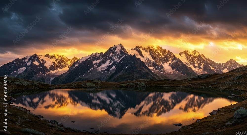 Obraz premium Dramatic Sunset over Snow-capped Mountains Reflected in Calm Alpine Lake