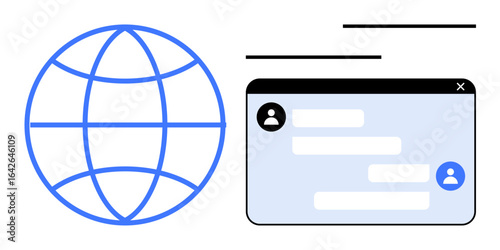 Globe representing connectivity next to a user messaging interface. Ideal for global networking, remote communication, technology, online chatting, digital interface, virtual interaction, simple