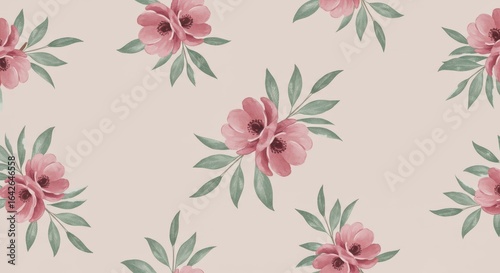 Watercolor floral pattern with pink flowers and leaves.
