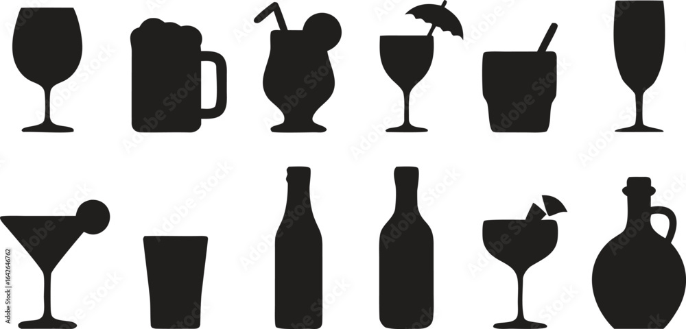 Alcohol and Beverage Silhouette Icons – Glasses, Bottles, and Drinks Vector Set Alcohol and Beverage Silhouette Icons – Glasses, Bottles, and Drinks Vector Set