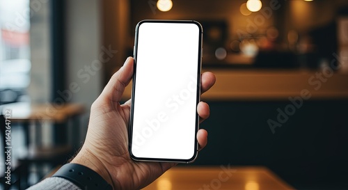 Hand holding smartphone with blank white screen in a blurred cafe background