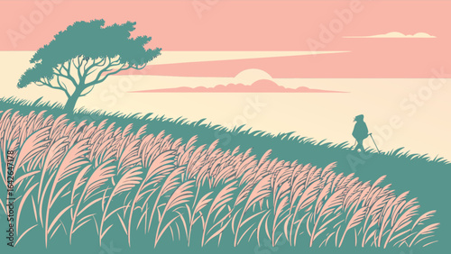 Pastoral landscape illustration of a lone hiker at sunset with tall grass and a solitary tree vector art