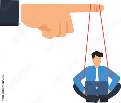 Puppet Master Concept: Hand Controlling a Businessman with Strings, Business Metaphor, corporate world, power dynamics, manipulation concept, puppet figure, human figure, business person, control 