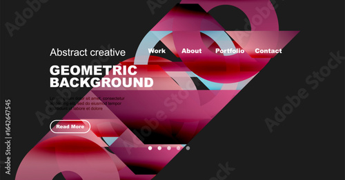 Abstract geometric background design. Features pink, white shapes, text elements, navigation options, button. Modern style.