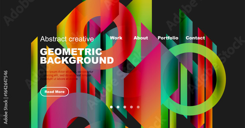 Abstract geometric background with vibrant colors. Website header includes navigation options, text, button. Dark backdrop enhances visual impact.