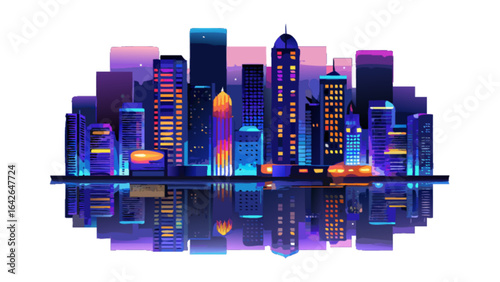 Night cityscape skyline vector illustration with illuminated buildings and reflections design