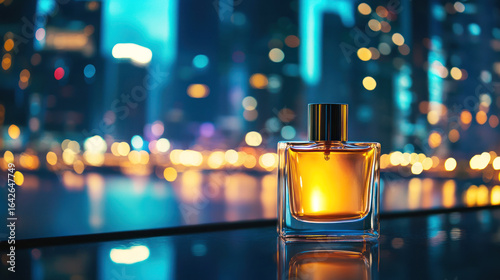 A perfume bottle in front of a blurry cityscape at night with subtle lighting.