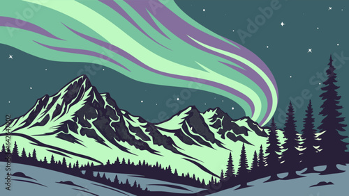 Aurora borealis over mountain range with pine trees vector illustration northern lights landscape scene design