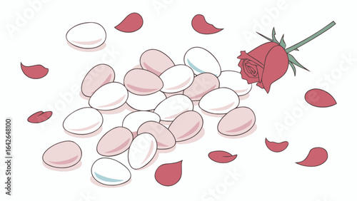 Romantic wedding sugared almonds and rose petals illustration for celebration and decoration design art