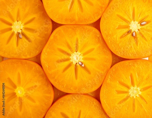 Macro view of persimmon slices showing natural star pattern.