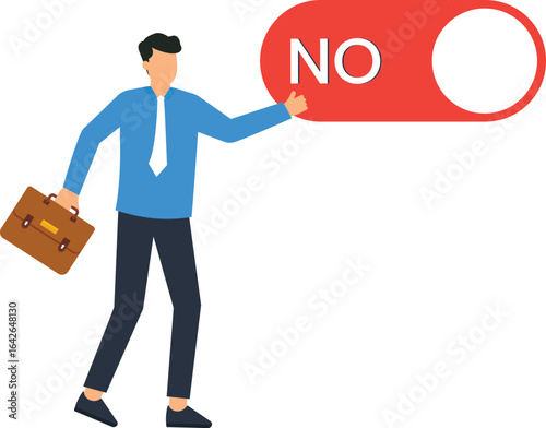 Businessman with 'NO' Button: Decision-Making Concept, Flat Design, White Background, Business Concept,, business decision, clear representation, neutral expression, simple design, bright colors,