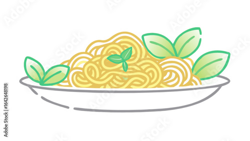 Delicious spaghetti pasta with basil leaves vector illustration for food blog and recipe website design