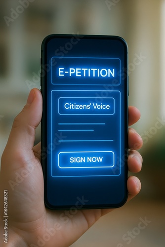 E-Petition App Interface. Smartphone screen with glowing interface for online citizen petition signing.