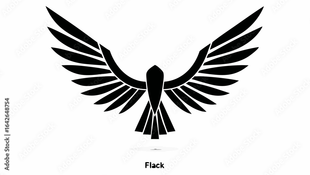 Fototapeta premium Stylized black bird with outstretched wings in flight with a symmetrical design on a white background