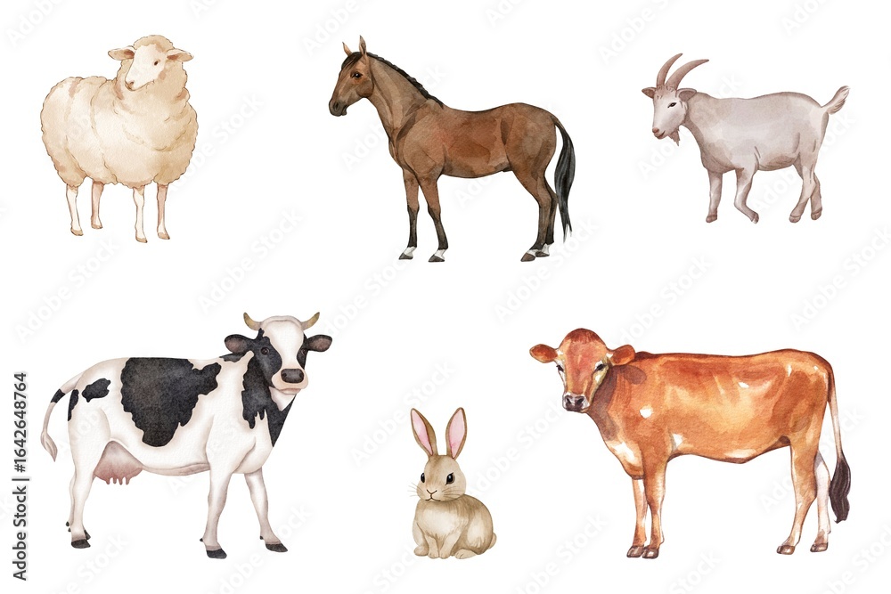 Fototapeta premium Various of livestock set on white background. Watercolor sheep, goat, horse, cow, and rabbit of on white board. Hand drawn of animals