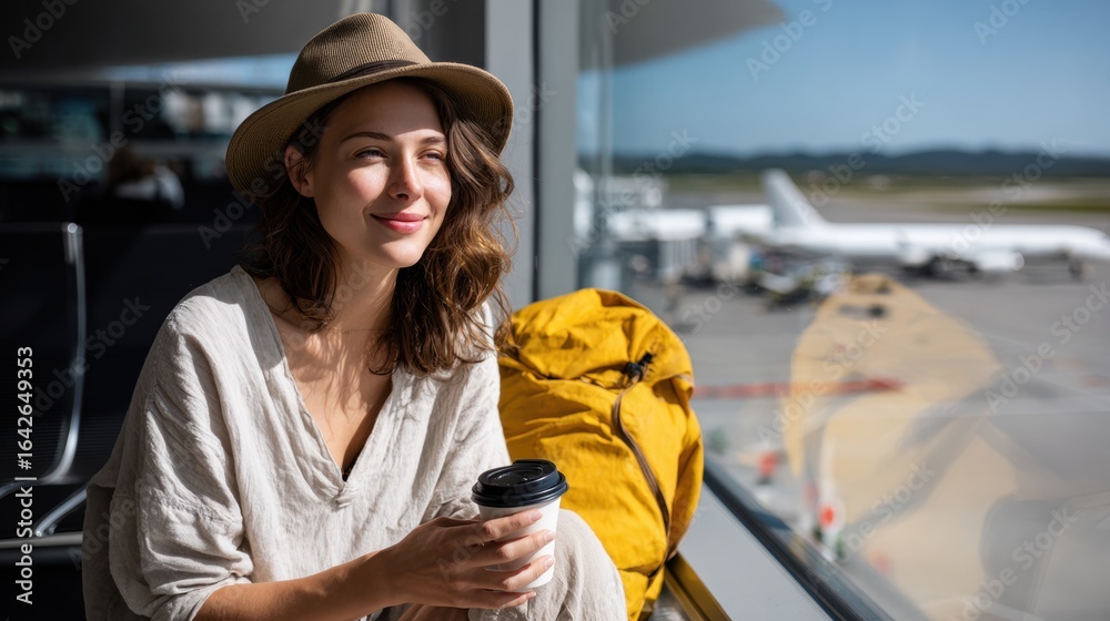 Fototapeta premium Smiling woman wearing a hat and casual clothing holding a takeaway coffee cup while sitting by an airport window, with a yellow backpack and airplanes visible on the tarmac outside