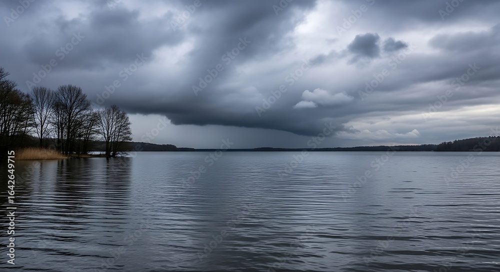 Obraz premium Dramatic storm clouds over a calm lake with trees on the shore