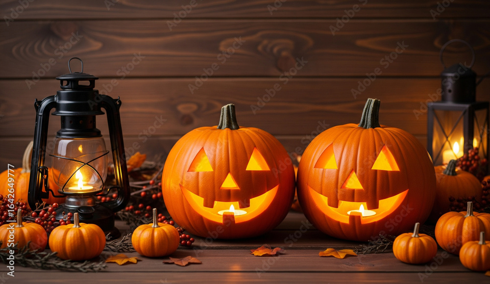 Fototapeta premium A festive autumn scene showcasing two glowing carved pumpkins, flanked by vintage lanterns and surrounded by small gourds and leaves, against a rustic wooden background.