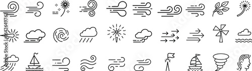 Wind air flow, flowing row elements, doodle wind line set. Vector illustration
