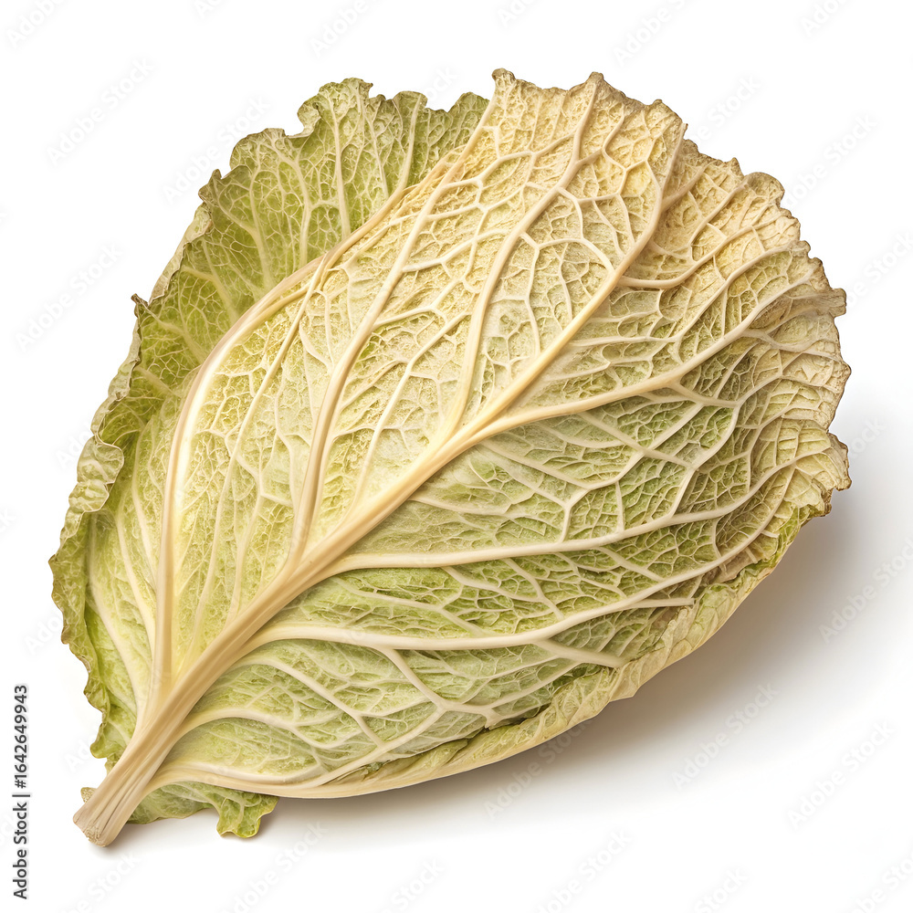 Fototapeta premium Dried cabbage flakes scattered on a clean white background, showing texture