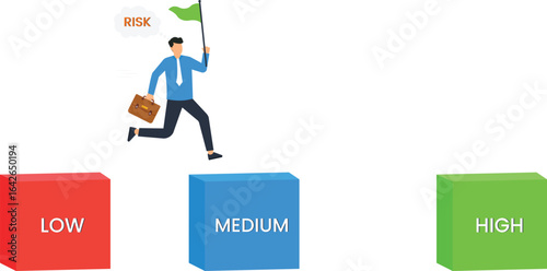Risk Assessment Concept: Businessman with Flag Jumping Over Risk Levels, Business Strategy red block, blue block, green block, low risk, medium risk, high risk, running businessman, briefcase carrier,