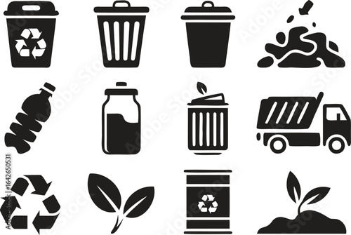 Silhouette Waste Management and Recycling Icons – Trash, Bin, Eco, and Sustainability Vector Set