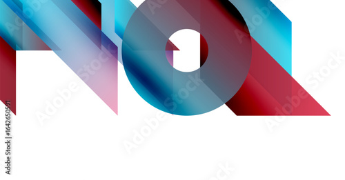 Abstract geometric design. Overlapping shapes create dynamic composition. Red, blue gradients dominate white background. Modern, minimalist aesthetic.