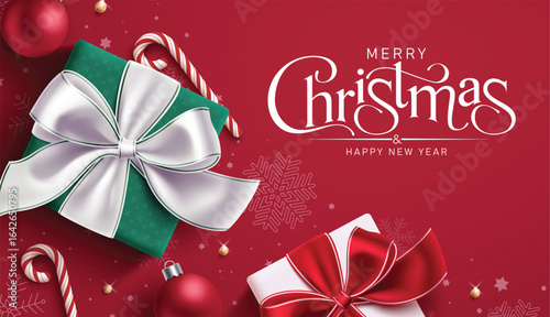 Merry Christmas red greeting card clipart design. Wishing Merry Christmas and happy new year banner card template clip art with gift boxes in bow tie ribbon, candy cane and xmas ball decorations 
