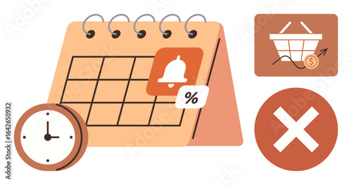 Calendar with a bell symbol for alerts, percentage discount, clock for time tracking, shopping basket with growth graph, and cancellation sign. Ideal for planning, scheduling, shopping, promotions