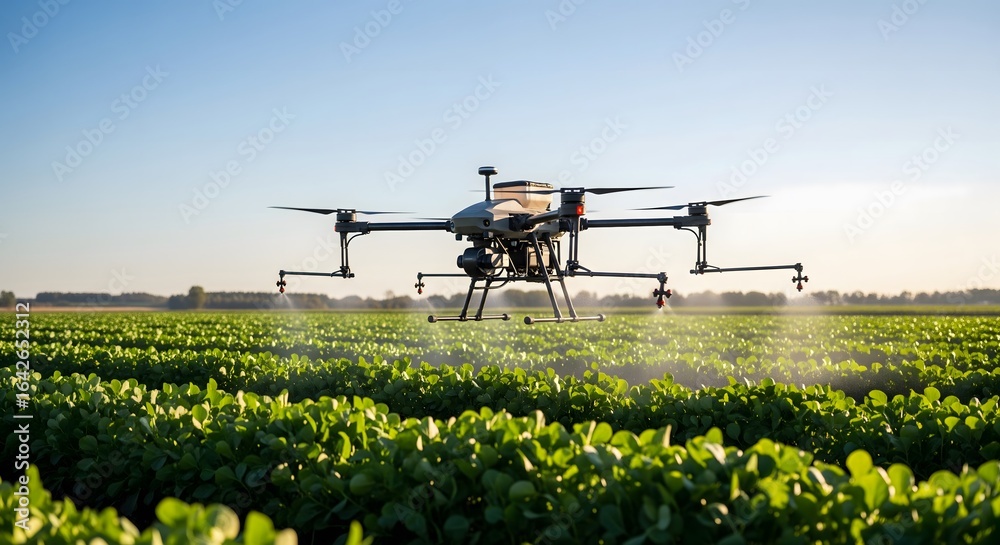 Modern Agricultural Drone Flying Over a Green Field, Spraying Crops. Modern Agricultural Drone Flying Over a Green Field, Spraying Crops.