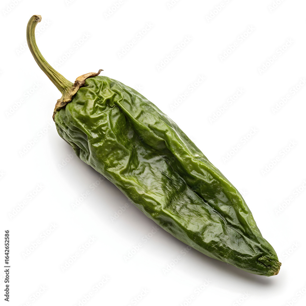 Naklejka premium Dried green chili peppers placed on a white background, highlighting their wrinkled