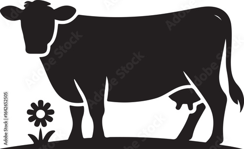 A Black and white cow silhouette drawn in black on a white background