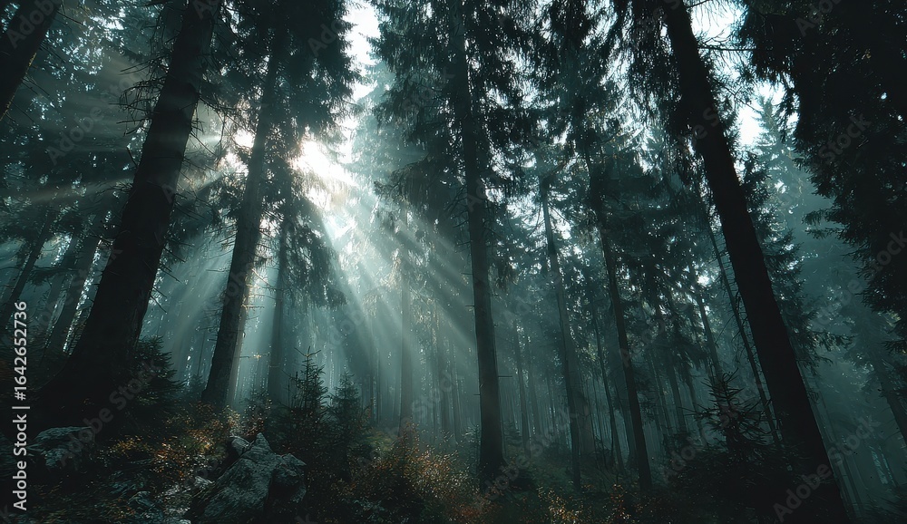 Obraz premium Misty forest with tall trees featuring striking red bark illuminated by sunlight streaming through the canopy creating a serene natural atmosphere